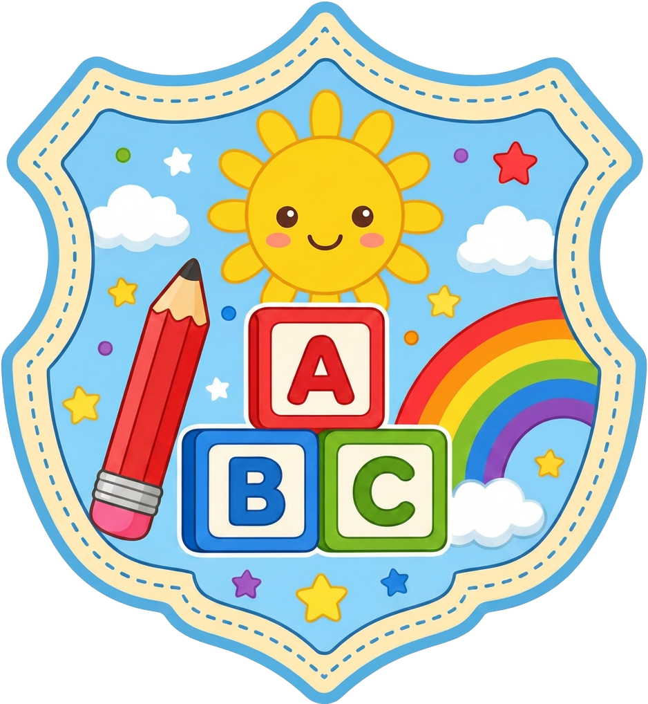 Brasão infantil com sol, lápis e letras A, B e C